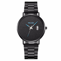 YOLAKO To Brand Fashion Men's Watch High-grade Simple Steel Belt Business Watches Black Steel Belt Calendar Quartz Wristwatch