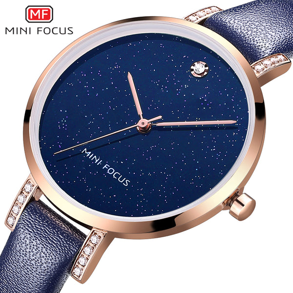 MINI FOCUS Fashion Simple Ultra Slim Dial Luxury Dress Starry Sky Watch Brand Rose Gold Watch Women Watches Leather Wristwatch