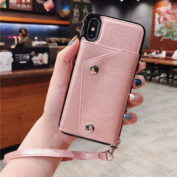 Fsshion Leather Phone Case For iphone X XR XS Max 6 6s 7 8 Plus Wallet Card Holder Cover Protection Phone Bag Cases With lanyard