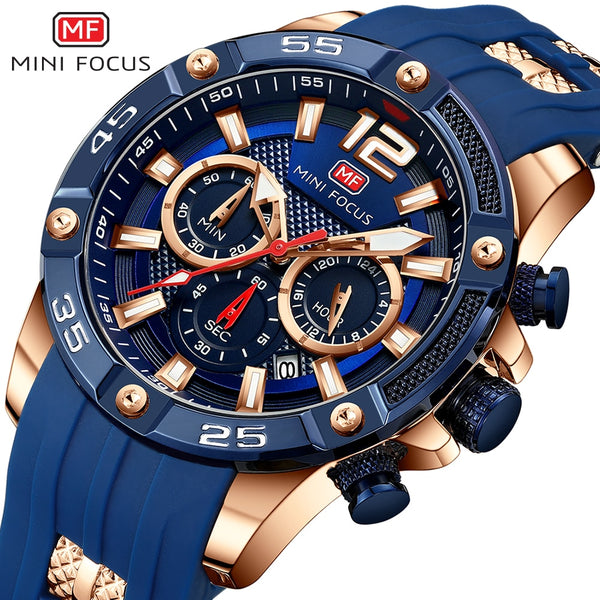 MINIFOCUS Big Dial Blue Black Gold Chronograph Watch Men Sport Watches Mens 2019 Silicone Band Military Quartz Watches Men Clock