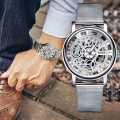 Mens Fashion Hollow Watches Men Business Watch Male Stainless Steel Mesh Belt Skeleton Quartz Wrist Watch Relogio Masculino
