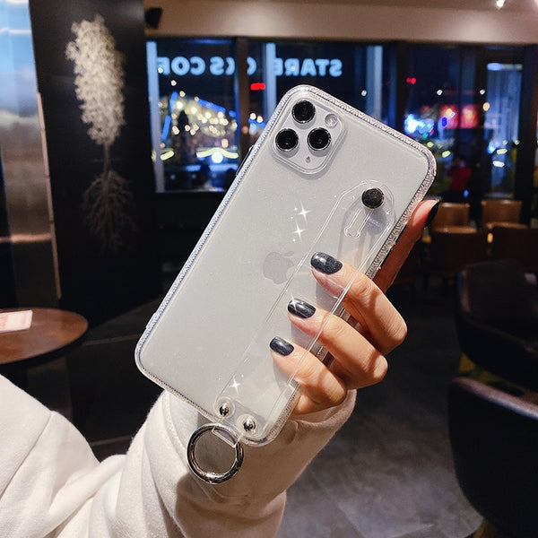 Glitter Powder Transparent Phone Case For iPhone 11 Pro X XR XS Max 6 6S 7 8 Plus Soft Silicone Wrist Strap Bracket Back Cover