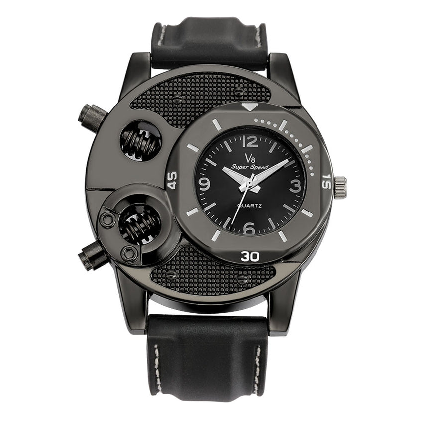 Luxury V8 Men's Watch Retro Design Leather Band Analog Quartz Wrist Watches male clock hot relogio masculino montre homme 2019 (Black)