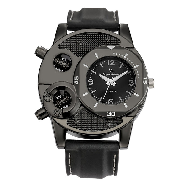 Luxury V8 Men's Watch Retro Design Leather Band Analog Quartz Wrist Watches male clock hot relogio masculino montre homme 2019 (Black)
