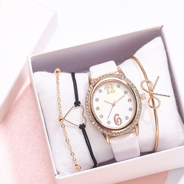 2020 Women Watches Rhinestone Dial Bracelet Set Simple Ladies Bracelet Casual Quartz Wristwatch Leather Clock Relogio Feminino*M