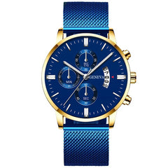 2020 Men's Fashion Business Calendar Watches Luxury Blue Stainless Steel Mesh Belt Analog Quartz Watch relogio masculino
