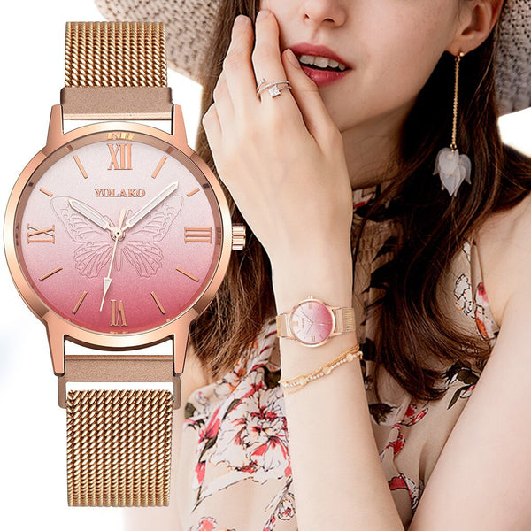 Women Watches Luxury Rose Gold Relief Dial Bracelet Magnet Mesh Band Quartz Wristwatch Ladies Female NEW Gift Clock Reloj Mujer*