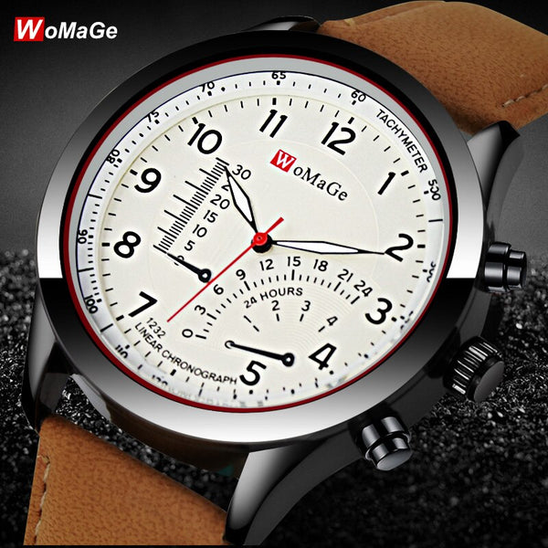 Womage Fashion Quartz Men Watch PU Leather Casual Sport Military Masculion Wristwatch Male Clock Zegarek Meski Relogio Masculino