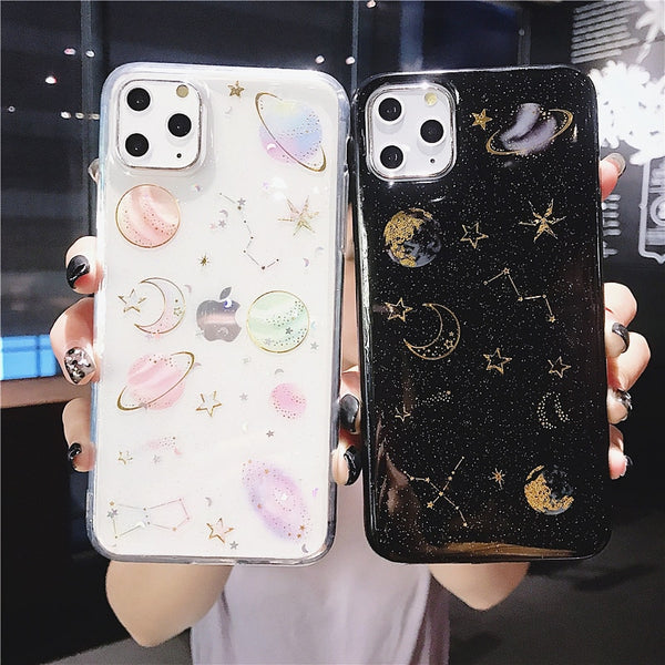 TIKITAKA Glitter Bling Stars Moon Case For iPhone 11 Pro X XR XS Max 7 8 6 6s Plus Clear Planet Phone Cases Soft TPU Back Cover