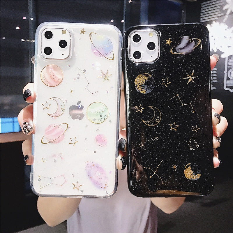 TIKITAKA Glitter Bling Stars Moon Case For iPhone 11 Pro X XR XS Max 7 8 6 6s Plus Clear Planet Phone Cases Soft TPU Back Cover