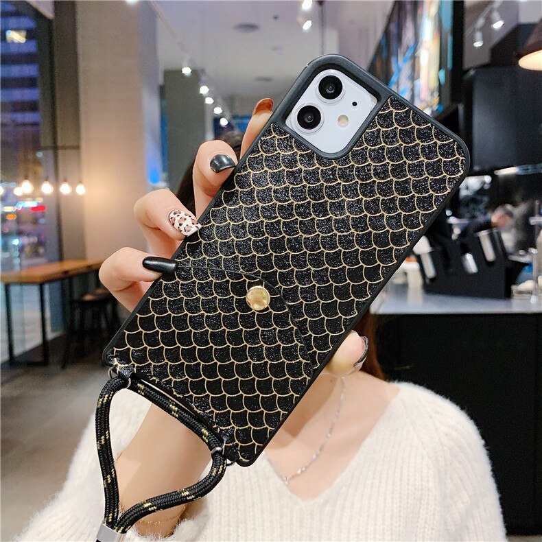 Fish-scale pattern Card slot Phone Case For iphone 11Pro Max X XR XS Max 7 8 6 6sPlus Leather Shockproof Back Cover With Lanyard