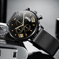 Luxury Fashion Mens Business Watches Men Casual Calendar Watch Stainless Steel Mesh Belt Quartz Wristwatch relogio masculino