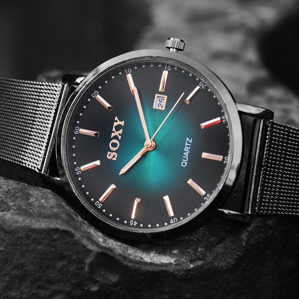 New SOXY Brand Men's Watch Quartz Watches Black Stainless Steel Strap Date Male Clock Relogio Masculino Erkek Kol Saati
