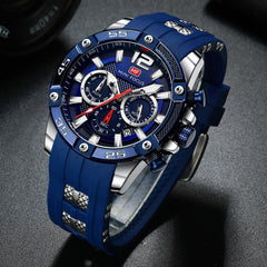 MINIFOCUS Big Dial Blue Black Gold Chronograph Watch Men Sport Watches Mens 2019 Silicone Band Military Quartz Watches Men Clock