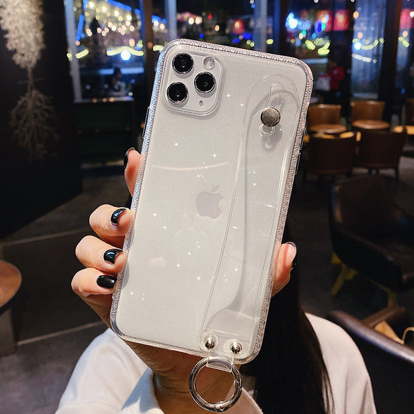 Glitter Powder Holder Phone Case For iPhone 11 XS Max XR X 8 7 6 6s Plus Transparent Wrist Strap Cover For iPhone 11 Pro Max