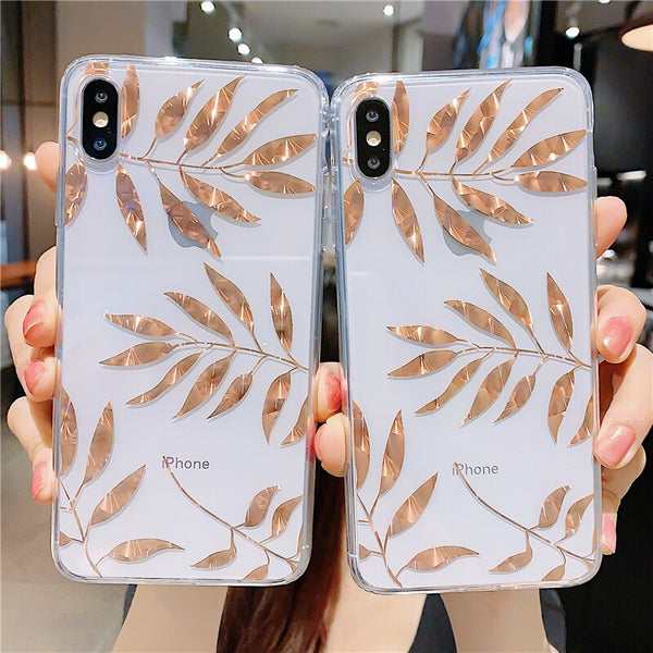 Gold Leaves Transparent Case For iPhone 11 8 7 Plus X XS Max XR Clear Back Cover Soft Silicone Cover For iPhone 11 Pro Max