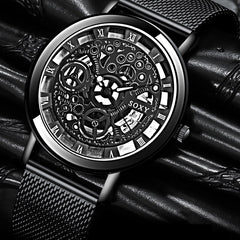 Mens Fashion Hollow Watches Men Business Watch Male Stainless Steel Mesh Belt Skeleton Quartz Wrist Watch Relogio Masculino