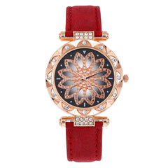 Women Watches Lucky Flower Watches Luxury Ladies Rhinestone Quartz Watch Starry Sky Leather Belt Clock Gift Relogio Feminino@50