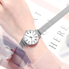 Women Watches Simple Stainless Steel Strap Magnetic Buckle Casual Mesh Watches Quartz Clock Rose Gold Bracelet Wrist Watch*M