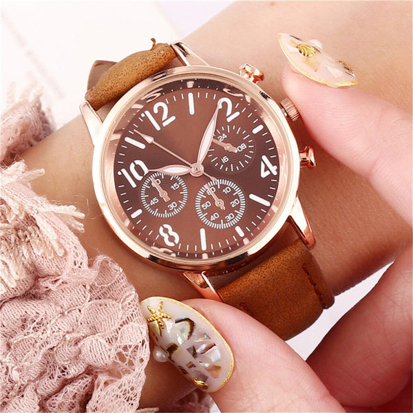 Women Watches Fashion Brand Stainless Steel Dial Solid Color Leather Strap Clock Ladies Quartz Wristwatch Gift Reloj Mujer *M