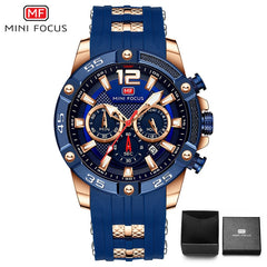 MINIFOCUS Big Dial Blue Black Gold Chronograph Watch Men Sport Watches Mens 2019 Silicone Band Military Quartz Watches Men Clock
