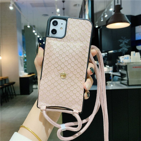 Fish-scale pattern Card slot Phone Case For iphone 11Pro Max X XR XS Max 7 8 6 6sPlus Leather Shockproof Back Cover With Lanyard