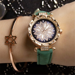 Women Watches Lucky Flower Watches Luxury Ladies Rhinestone Quartz Watch Starry Sky Leather Belt Clock Gift Relogio Feminino@50