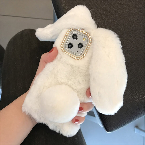 3D Rabbit Ears Furry Plush Warm Phone Case for iPhone 11 11Pro XR X XS Max 8 7 6 6s Case fluffy Fur Cover for iPhone 11 Pro Max