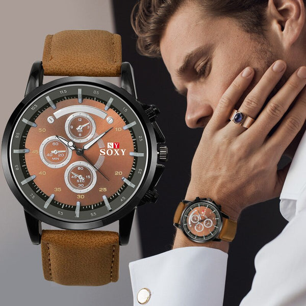 SOXY quartz men's watch hour fashion Pu leather watches for men simulation military sports Relogio Masculinoerkek kol saati