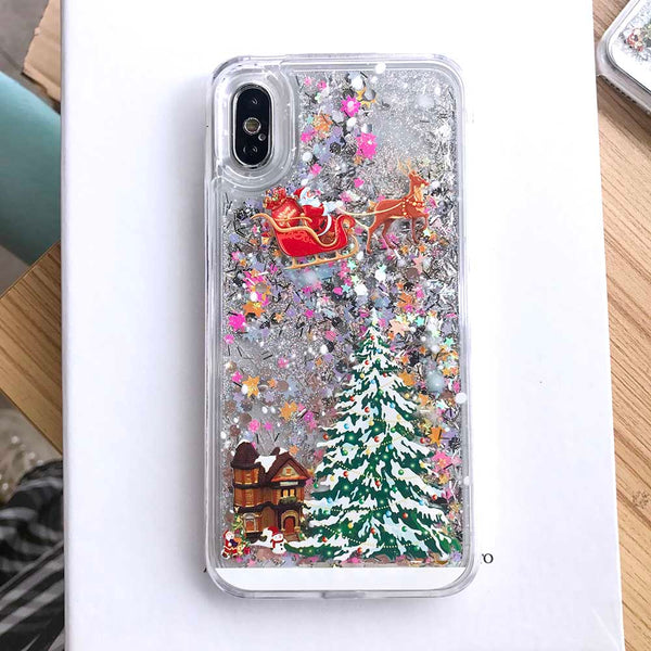 Cartoon Santa Claus Elk Phone Case For iPhone 11 11Pro Max X XR XS Max 6 6S 7 8Plus Christmas Quicksand Liquid Transparent Cover