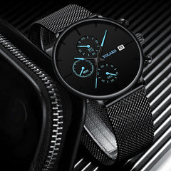 Mens Fashion Classic Black Wristwatch Luxury Mesh Belt Ultra Thin Watches Relojes Hombre Casual Business Calendar Quartz Watch