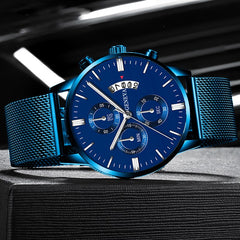 2020 Men's Fashion Business Calendar Watches Luxury Blue Stainless Steel Mesh Belt Analog Quartz Watch relogio masculino