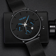 BLACK Men's Fashion Business Watches for Men Casual Calendar Clock Luxury Stainless Steel Mesh Belt Quartz Watch Montre Homme