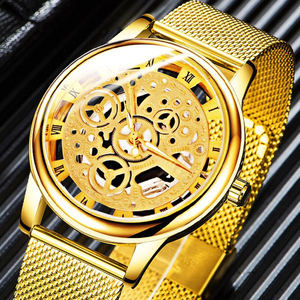 Mens Fashion Hollow Watches Men Business Watch Male Stainless Steel Mesh Belt Skeleton Quartz Wrist Watch Relogio Masculino