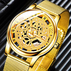 Mens Fashion Hollow Watches Men Business Watch Male Stainless Steel Mesh Belt Skeleton Quartz Wrist Watch Relogio Masculino
