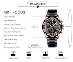 MINI FOUCS Chronograph Watches Man Clock Sport Watches For Men Fashion Rose Gold Watch Men Luxury Brand Stainless Steel Luminous
