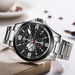 MINI FOCUS Classic Watch For Men 3 Sub-dials Mens Watches Quartz Analog Clock Stainless Steel Watch Strap Calendar Wristwatch