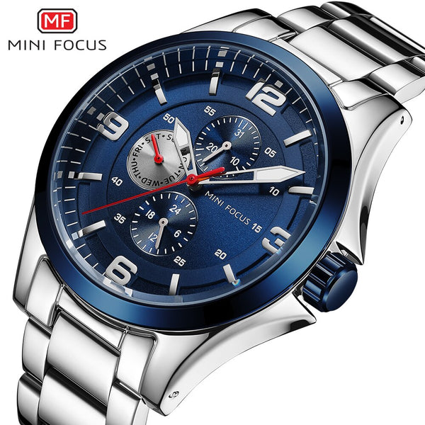 MINI FOCUS Classic Watch For Men 3 Sub-dials Mens Watches Quartz Analog Clock Stainless Steel Watch Strap Calendar Wristwatch