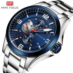 MINI FOCUS Classic Watch For Men 3 Sub-dials Mens Watches Quartz Analog Clock Stainless Steel Watch Strap Calendar Wristwatch