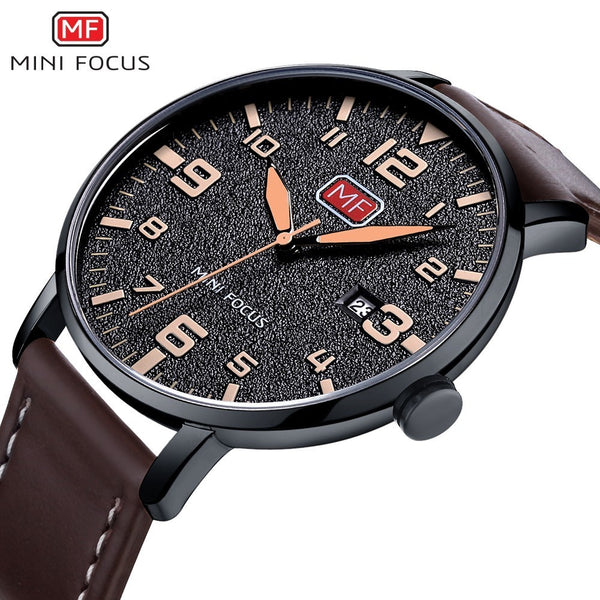 MINI FOCUS Fashion Genuine Leather Watch For Men Luxury Casual Men's Wristwatch Clock Quartz Arabic Number Calendar Analog Watch