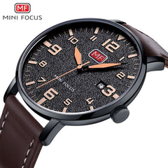 MINI FOCUS Fashion Genuine Leather Watch For Men Luxury Casual Men's Wristwatch Clock Quartz Arabic Number Calendar Analog Watch