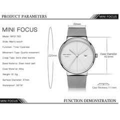 MINI FOCUS Fashion Creative Men Watch Luxury Brand Simple Style Mens Watches Quartz Stainless Steel Band Casual Men's Watches