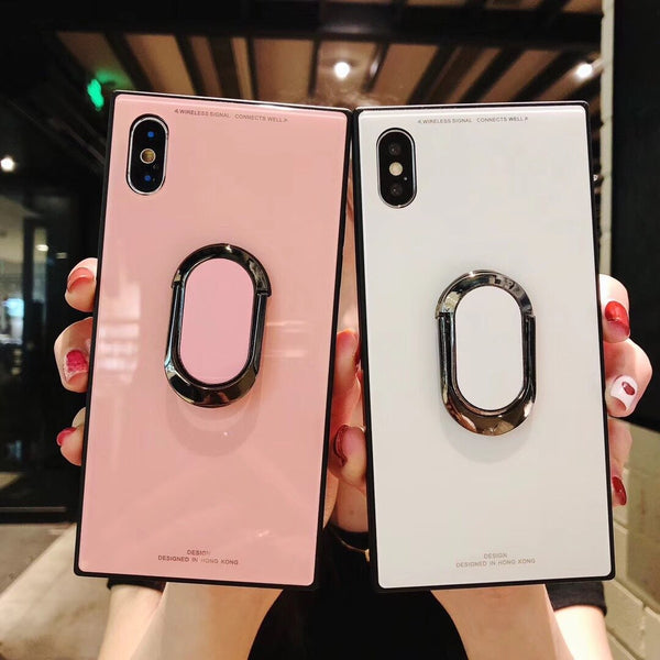 Square Fashion Classic Phone Case For iphone X Case For iphone 6 6s 7 8 plus Tempered Glass Case With Stand Upscale Coque
