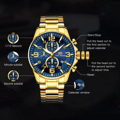 MINIFOCUS Sport Watch Men Luxury Brand Stainless Steel Gold Watch Mens Watches Quartz Chronograph Wrist Watches For Men Business