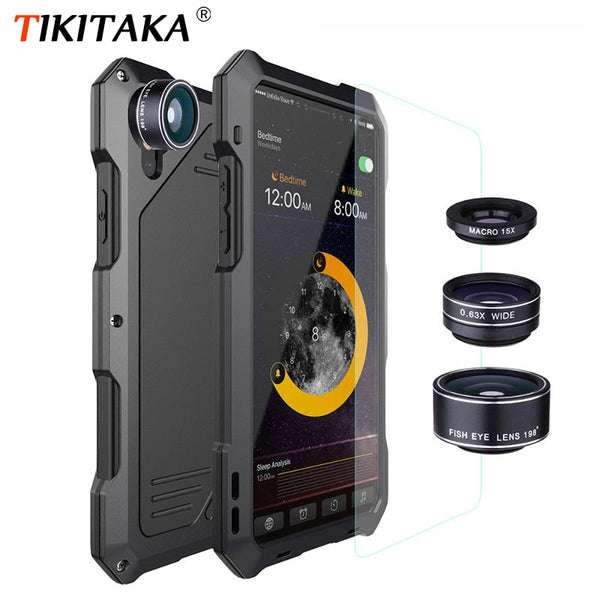 3 in 1 Fisheyes macro Lens Phone Case For iPhone XS Max XR 8 7 6 6s Plus Cover Metal Silicone Shockproof Armor Case + Glass Film