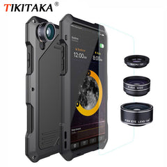 3 in 1 Fisheyes macro Lens Phone Case For iPhone XS Max XR 8 7 6 6s Plus Cover Metal Silicone Shockproof Armor Case + Glass Film