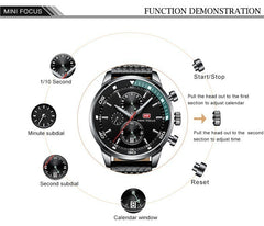 MINI FOCUS Watches Mens Luxury Brand Sport Watch Men Fashion Leather Wrist Watches Black Blue Coffee Male Clock For Gentleman