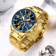 MINIFOCUS Sport Watch Men Luxury Brand Stainless Steel Gold Watch Mens Watches Quartz Chronograph Wrist Watches For Men Business