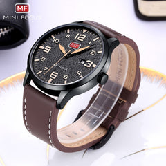 MINI FOCUS Fashion Genuine Leather Watch For Men Luxury Casual Men's Wristwatch Clock Quartz Arabic Number Calendar Analog Watch