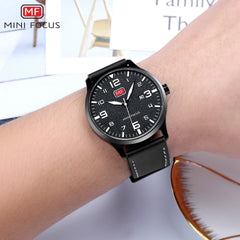 MINI FOCUS Fashion Genuine Leather Watch For Men Luxury Casual Men's Wristwatch Clock Quartz Arabic Number Calendar Analog Watch